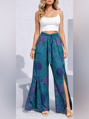 High-Waist Teal Printed Wide-Leg Pants with Tie Waist